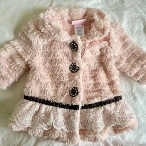 Little Lass Girls Fur Jacket Pink & Gray Silver Glitter Size 3-6MSparkle Buttons